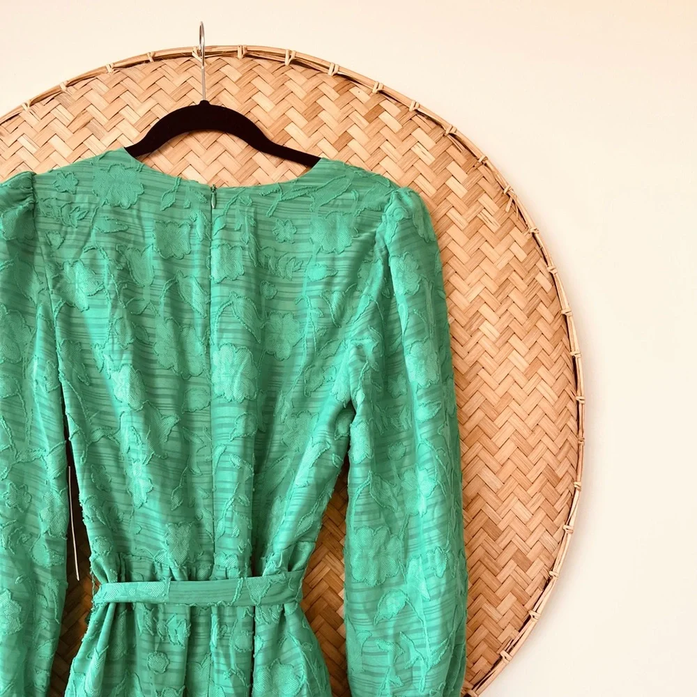 WOMEN’S NWT ELIZA-J GREEN FLORAL TEXTURE BALLOON SLEEVE A-LINE‎ DRESS TIERED HEM